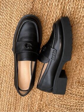 Coach Leah Platform Leather Lug Sole Loafers Black Size 8